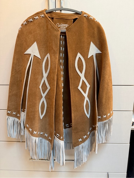 western and co Jackets & Blazers - Western-Inspired Suede Fringe Cape Jacket in Tan with White Accents